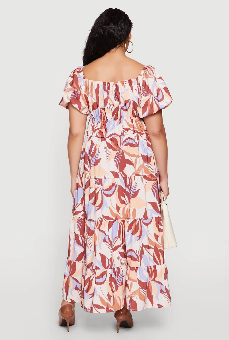 Plus Patterned Bubble Sleeve Tiered Maxi Dress