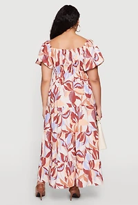 Plus Patterned Bubble Sleeve Tiered Maxi Dress