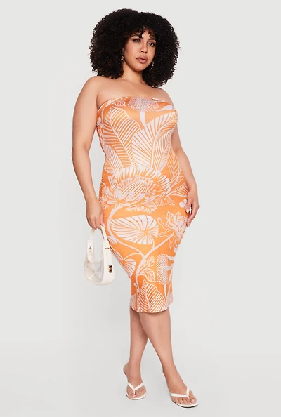 Plus Floral Print Tube Midi Dress