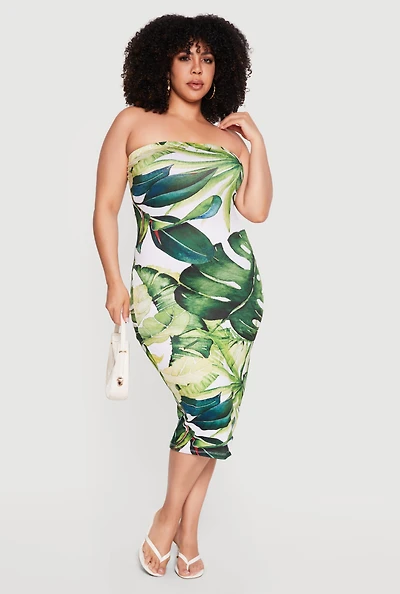 Plus Floral Print Tube Midi Dress