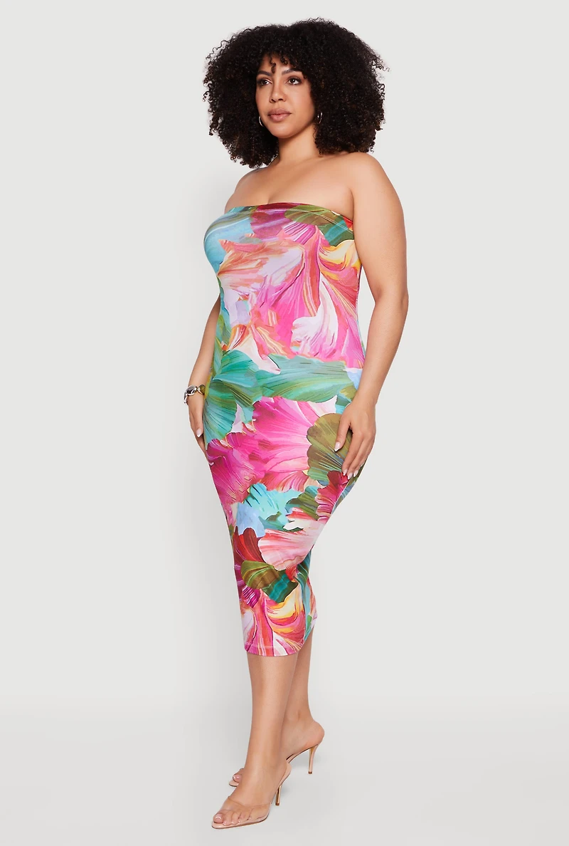Plus Floral Print Tube Midi Dress