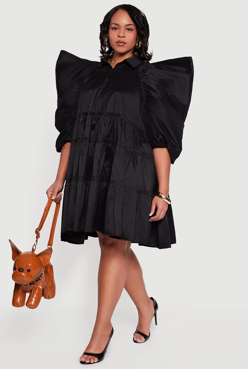 Plus Puff Sleeve Ruffle Tiered Button Front Shirt Dress
