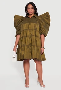 Womens Plus Size Puff Sleeve Ruffle Tiered Button Front Shirt Dress, Green, Size 2X