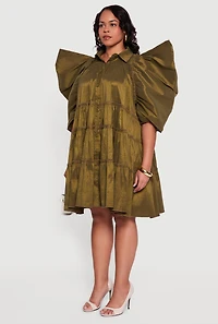 Plus Puff Sleeve Ruffle Tiered Button Front Shirt Dress