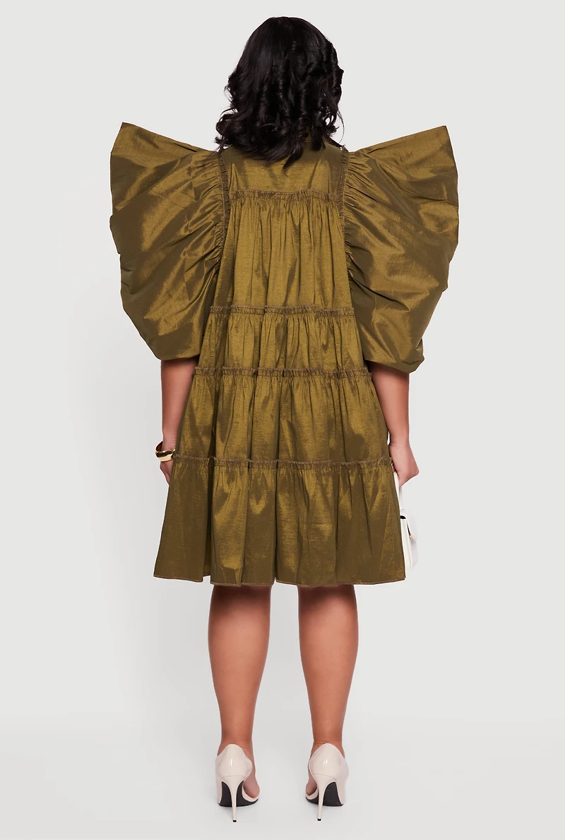 Womens Plus Size Puff Sleeve Ruffle Tiered Button Front Shirt Dress, Green, Size 2X