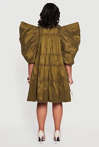 Womens Plus Size Puff Sleeve Ruffle Tiered Button Front Shirt Dress, Green, Size 2X