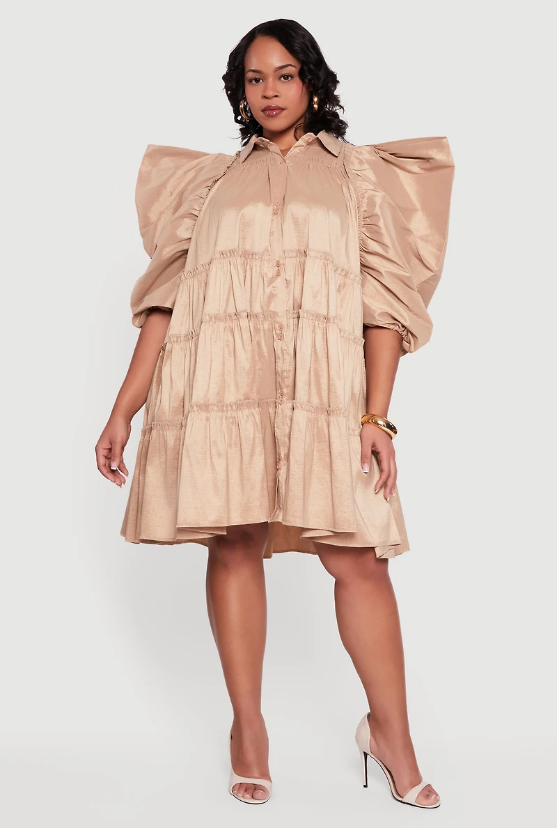 Plus Puff Sleeve Ruffle Tiered Button Front Shirt Dress