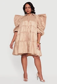 Plus Puff Sleeve Ruffle Tiered Button Front Shirt Dress