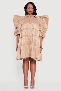 Plus Puff Sleeve Ruffle Tiered Button Front Shirt Dress