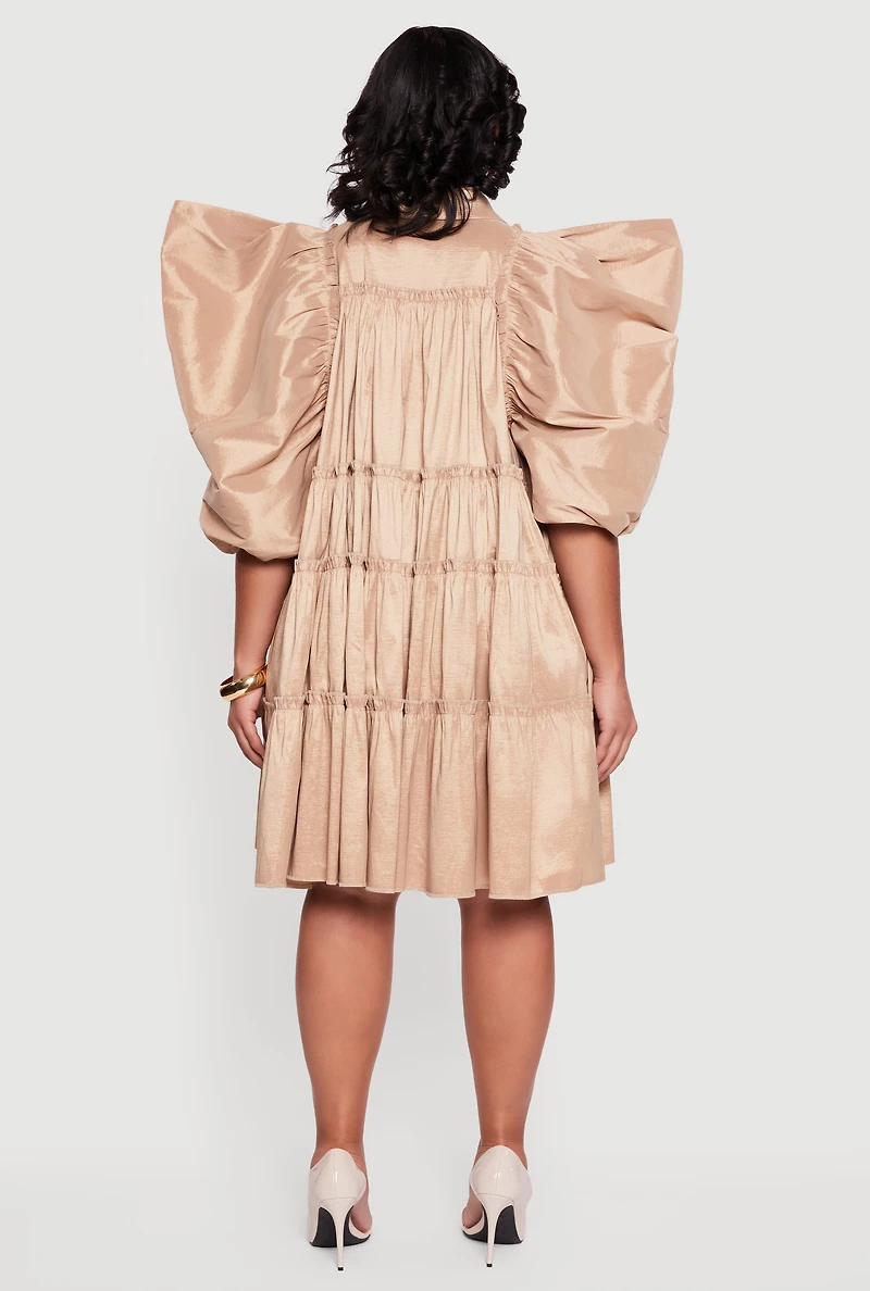 Plus Puff Sleeve Ruffle Tiered Button Front Shirt Dress