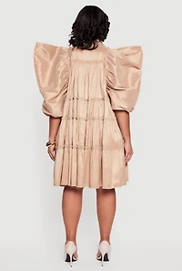 Plus Puff Sleeve Ruffle Tiered Button Front Shirt Dress