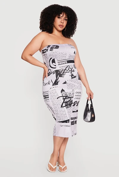 Plus Newspaper Graphic Tube Midi Dress