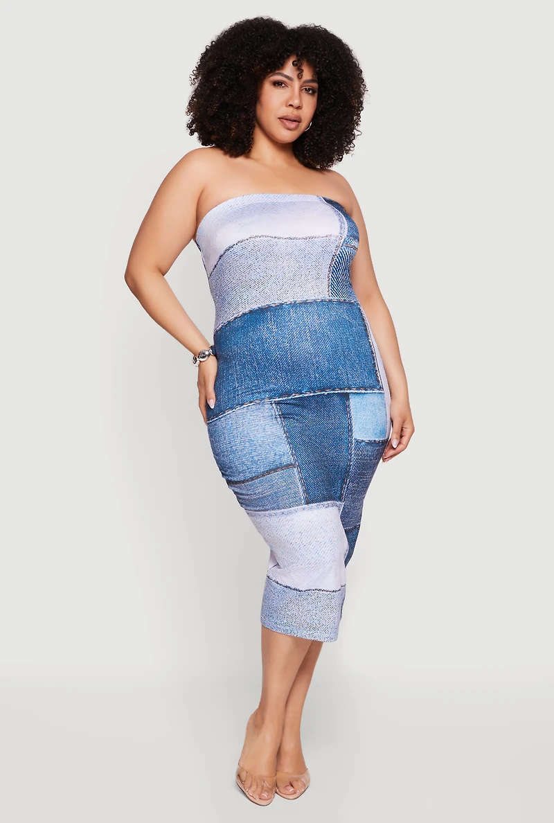 Plus Denim Patchwork Graphic Tube Midi Dress