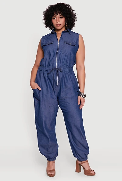 Plus Chambray Collared Zip Front Jumpsuit