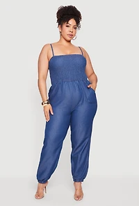 Plus Chambray Smocked Square Neck Jumpsuit