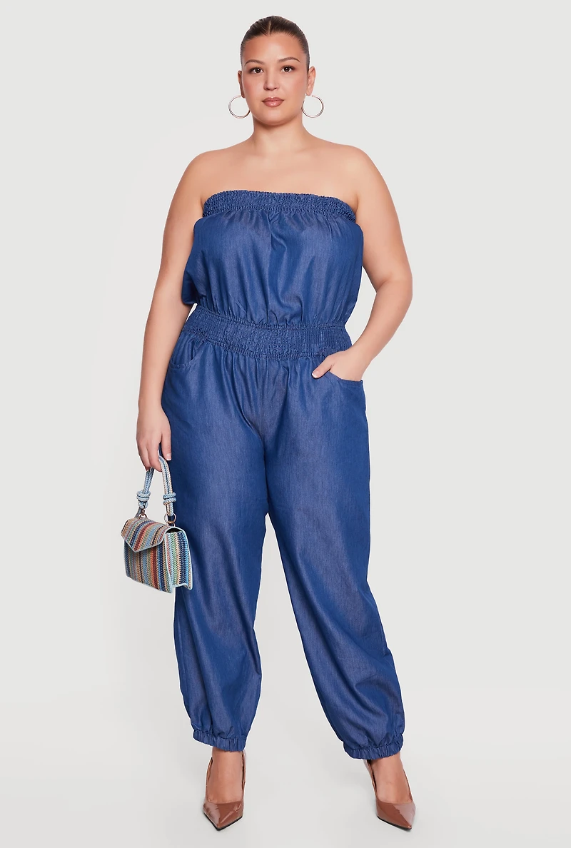 Plus Denim Smocked Tube Jumpsuit