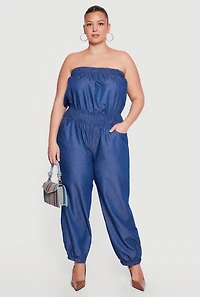 Plus Denim Smocked Tube Jumpsuit