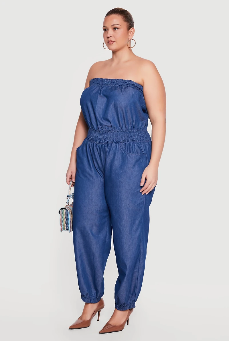 Plus Denim Smocked Tube Jumpsuit
