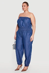 Plus Denim Smocked Tube Jumpsuit