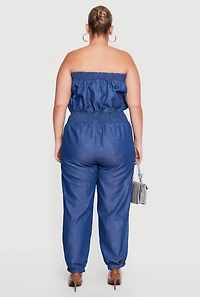Plus Denim Smocked Tube Jumpsuit