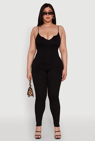 Plus Ribbed Knit Sleeveless Jumpsuit with Notch Neck