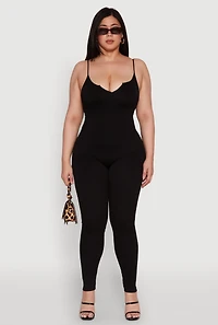 Plus Ribbed Knit Sleeveless Jumpsuit with Notch Neck