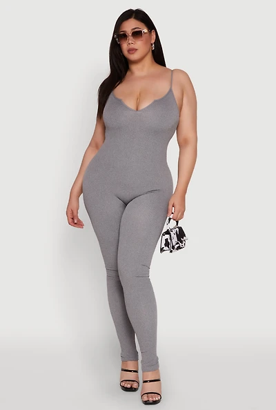 Womens Plus Size Ribbed Knit Sleeveless Jumpsuit with Notch Neck, Grey, Size 3X-4X