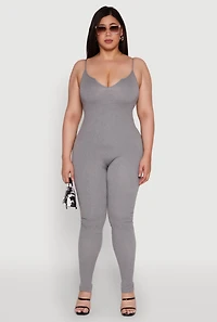 Womens Plus Size Ribbed Knit Sleeveless Jumpsuit with Notch Neck, Grey, Size 3X-4X