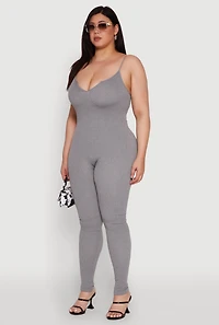 Womens Plus Size Ribbed Knit Sleeveless Jumpsuit with Notch Neck, Grey, Size 3X-4X
