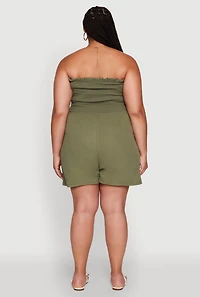 Womens Plus Textured Knit Strapless Smocked Romper, Green,