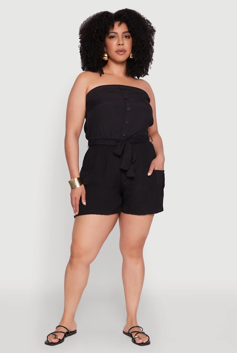 Plus Strapless Tie Waist Belted Romper with Faux Buttons