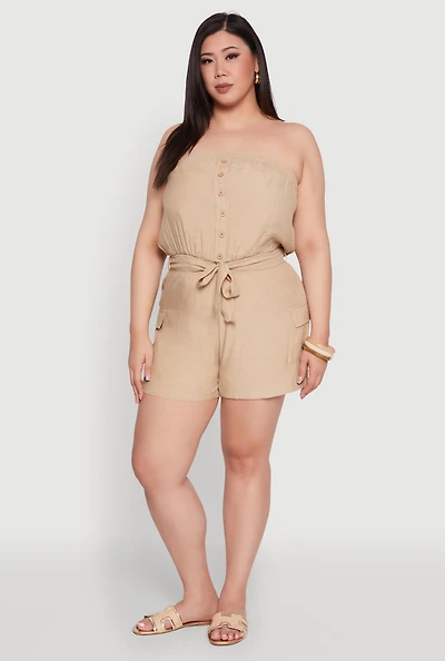 Womens Plus Strapless Tie Waist Belted Romper with Faux Buttons,