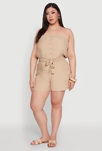 Womens Plus Strapless Tie Waist Belted Romper with Faux Buttons,