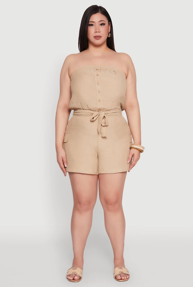 Womens Plus Strapless Tie Waist Belted Romper with Faux Buttons,