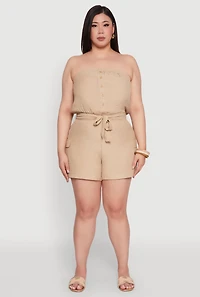 Womens Plus Strapless Tie Waist Belted Romper with Faux Buttons,