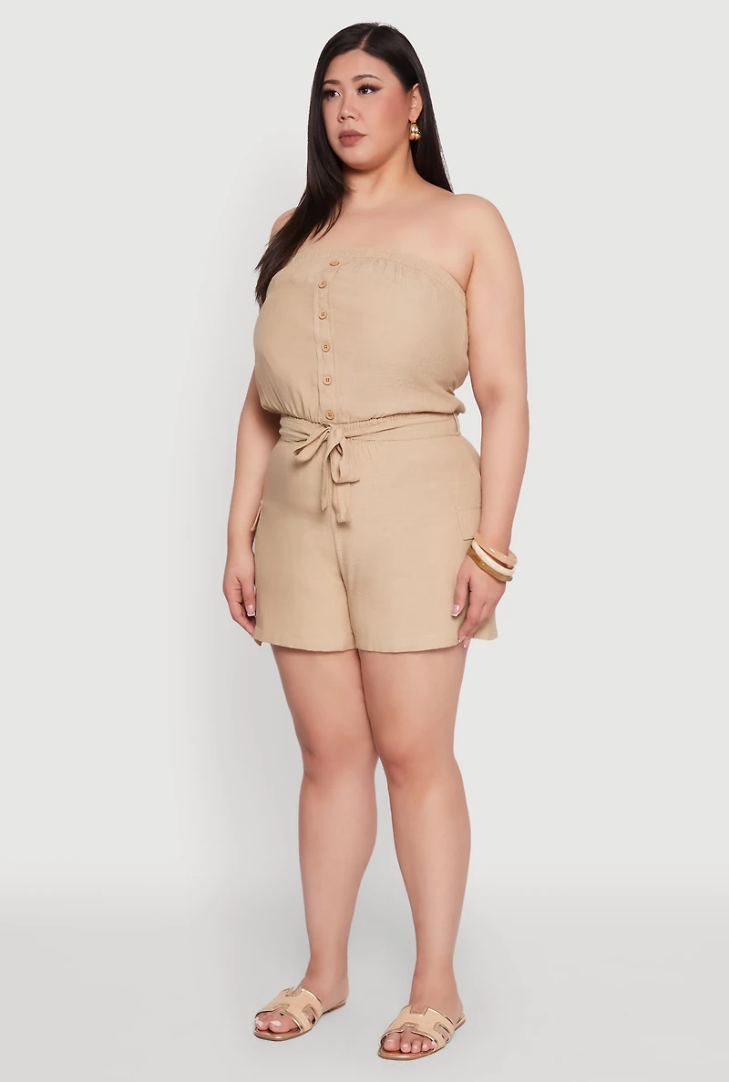 Womens Plus Strapless Tie Waist Belted Romper with Faux Buttons,