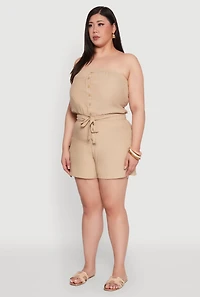 Womens Plus Strapless Tie Waist Belted Romper with Faux Buttons,