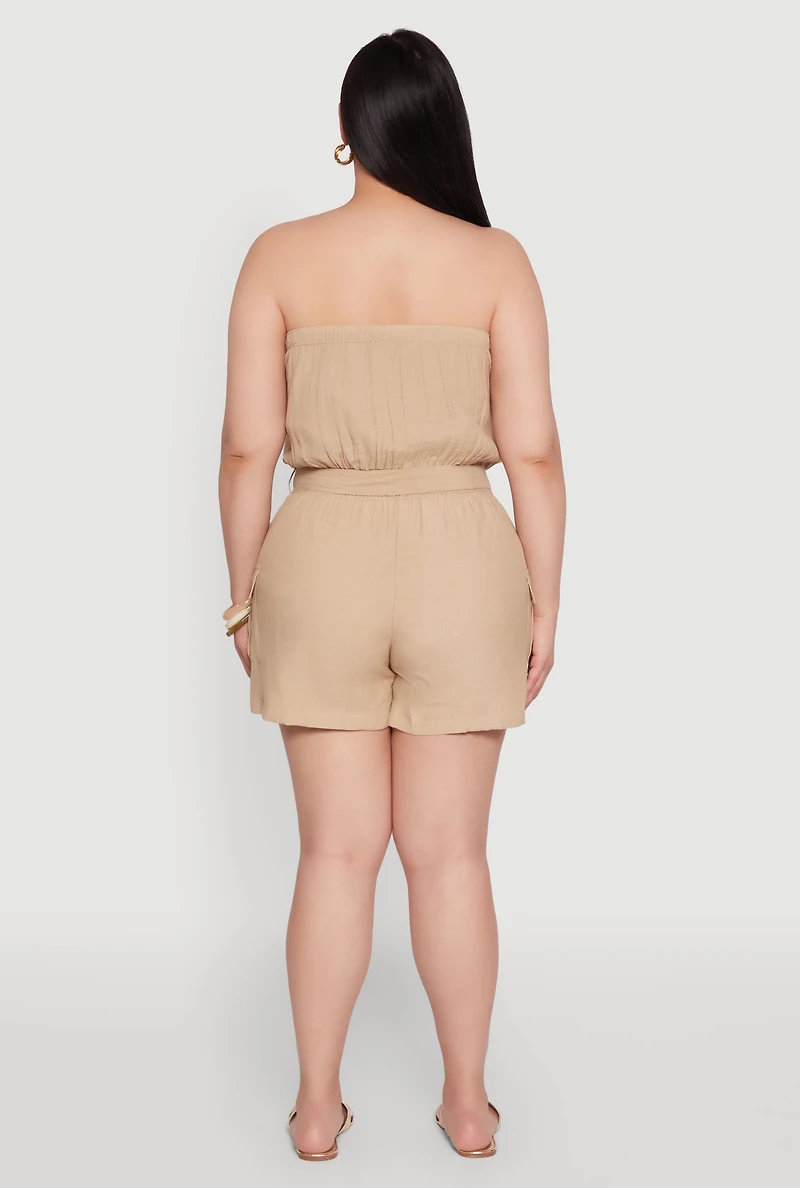 Womens Plus Strapless Tie Waist Belted Romper with Faux Buttons,