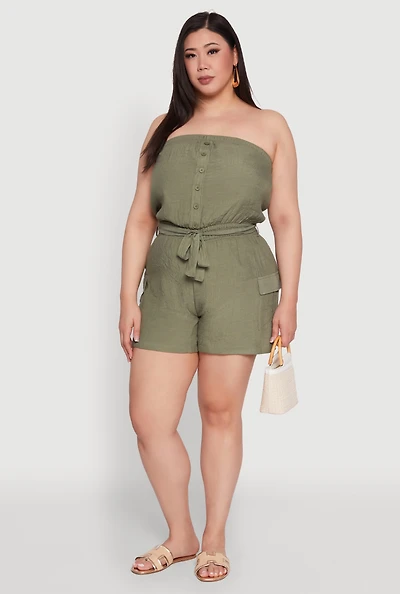 Womens Plus Size Strapless Tie Waist Belted Romper with Faux Buttons, Green, Size 1X
