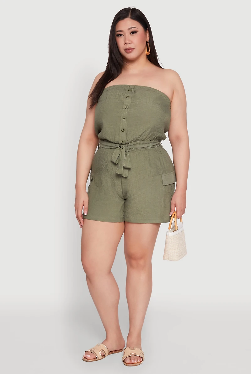 Womens Plus Strapless Tie Waist Belted Romper with Faux Buttons, Green,