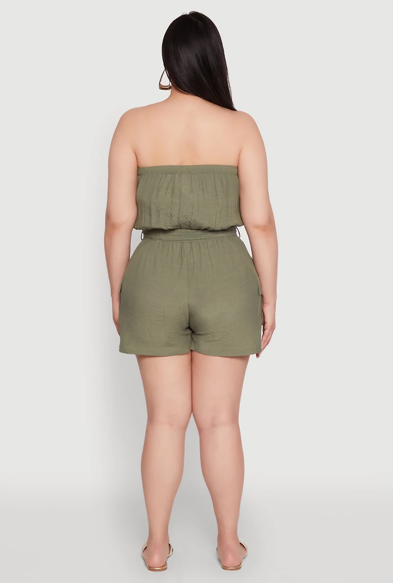 Womens Plus Strapless Tie Waist Belted Romper with Faux Buttons, Green,