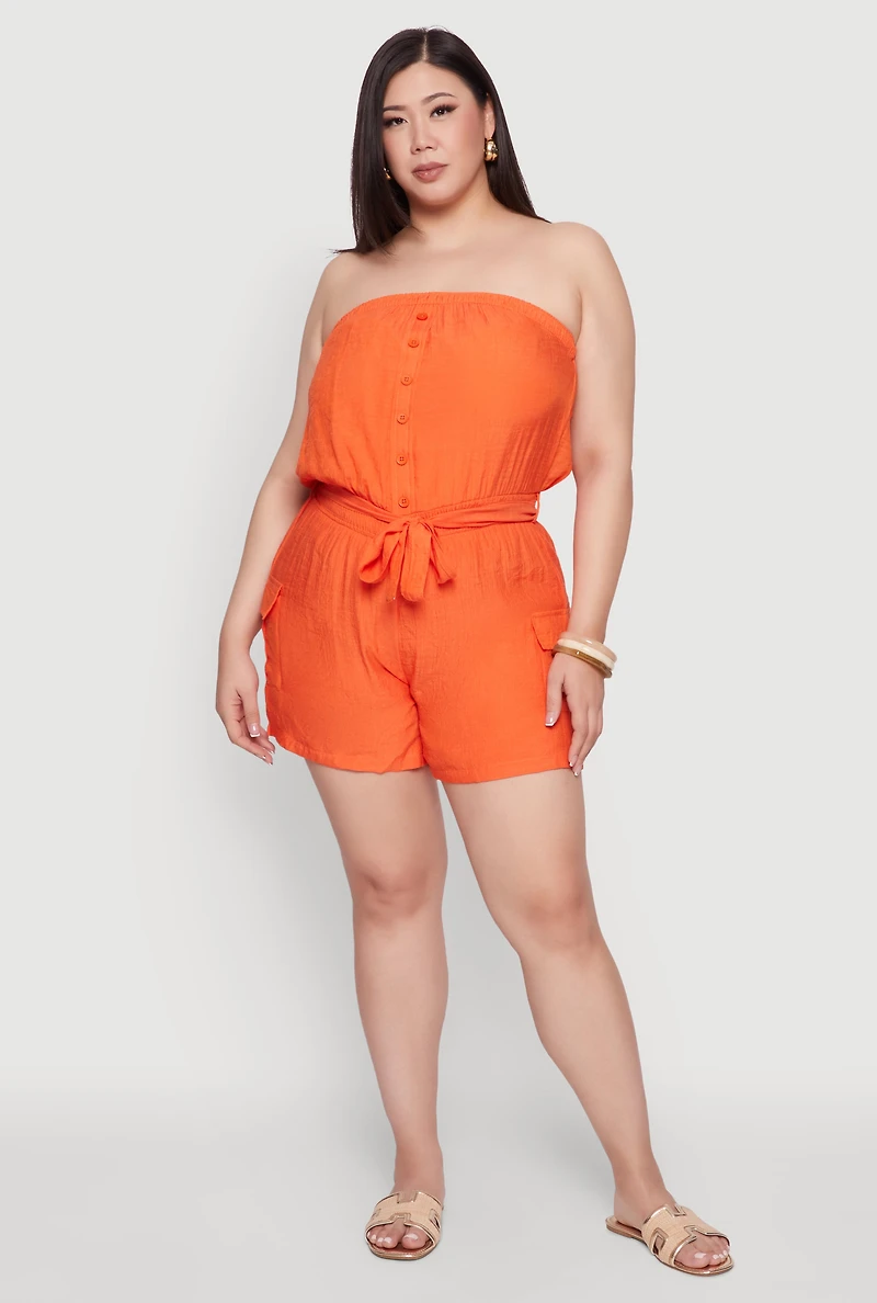 Womens Plus Size Strapless Tie Waist Belted Romper with Faux Buttons, Orange, Size 2X