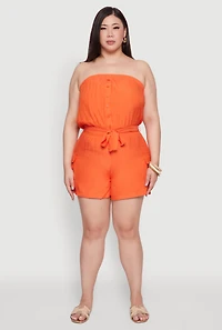 Womens Plus Size Strapless Tie Waist Belted Romper with Faux Buttons, Orange, Size 2X