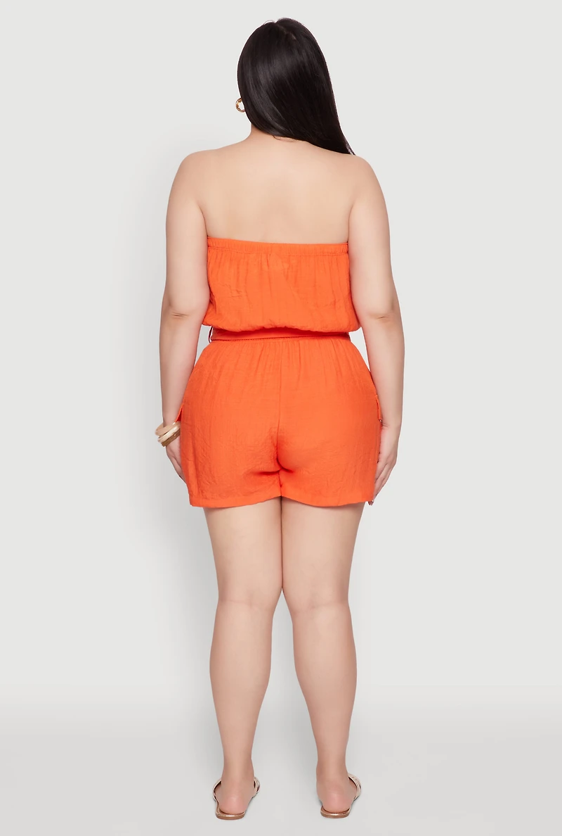 Womens Plus Size Strapless Tie Waist Belted Romper with Faux Buttons, Orange, Size 2X