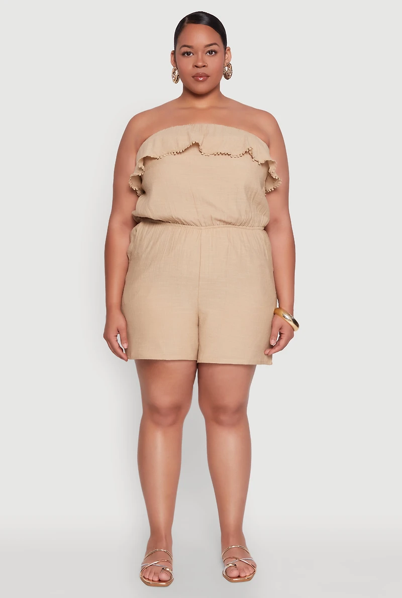 Womens Plus Gauze Knit Ruffle Overlay Romper, 2X