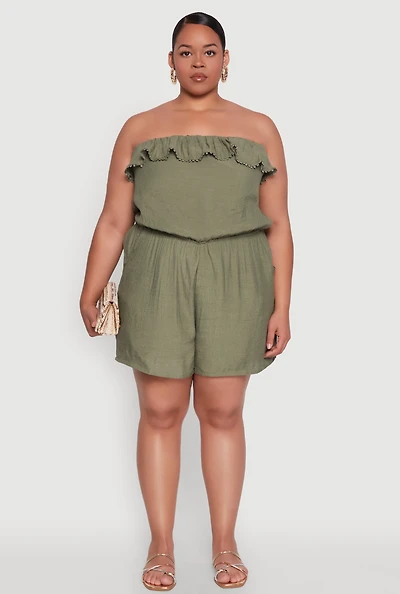 Womens Plus Gauze Knit Ruffle Overlay Romper, 3X