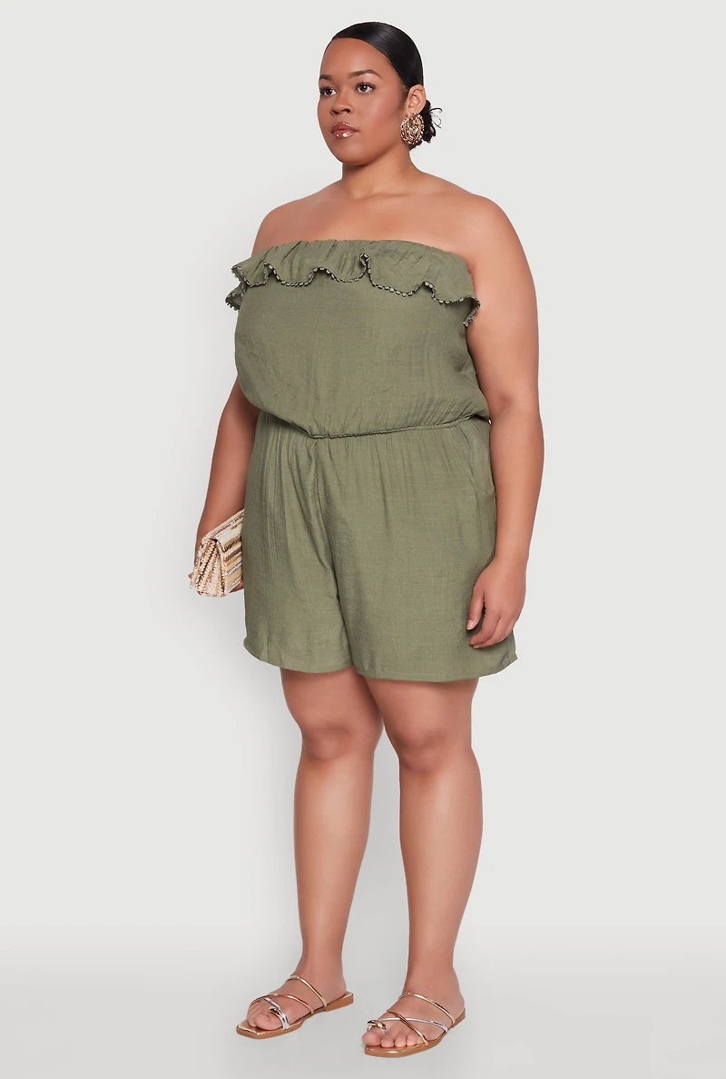 Womens Plus Gauze Knit Ruffle Overlay Romper, 3X