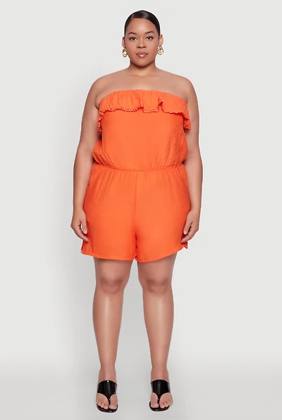 Womens Plus Size Gauze Knit Ruffle Overlay Romper, Orange, Size 1X