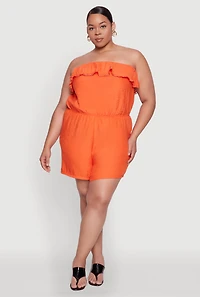 Womens Plus Gauze Knit Ruffle Overlay Romper, Orange,