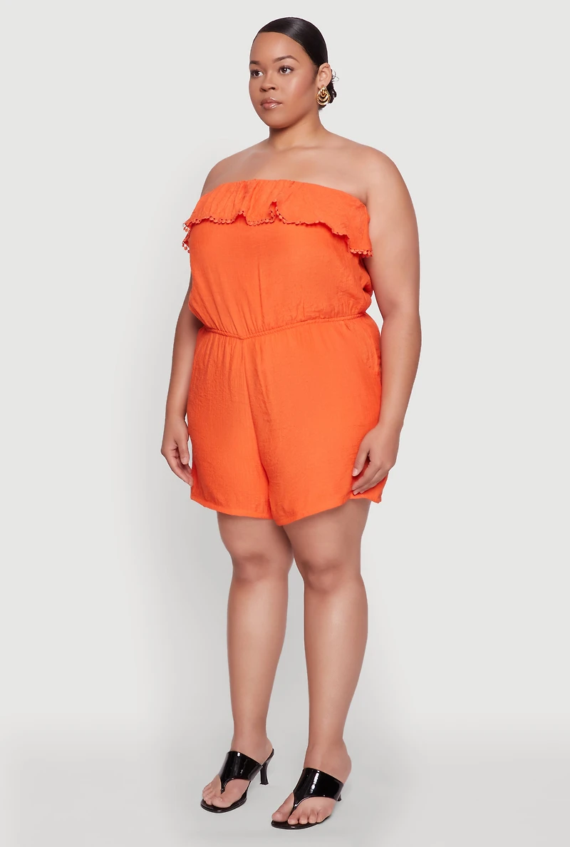 Womens Plus Gauze Knit Ruffle Overlay Romper, Orange,